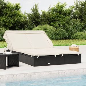 2-Person Sunbed with Foldable Roof 213x118x97 cm Poly Rattan