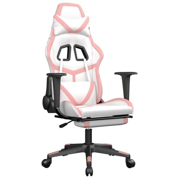 Massage Gaming Chair with Footrest White&Pink Faux Leather