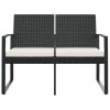 2-Seater Garden Bench with Cushions Black PP Rattan
