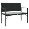 2-Seater Garden Bench with Cushion Black Poly Rattan