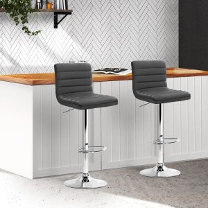 2x Bar Stools Padded Leather Gas Lift Grey
