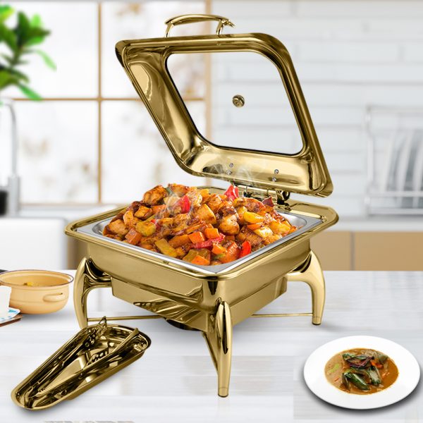 Gold Plated Stainless Steel Square Chafing Dish Tray Buffet Cater Food Warmer Chafer with Top Lid