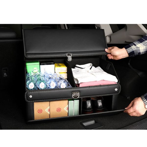 60cm Leather Car Boot Collapsible Foldable Trunk Cargo Organizer Portable Storage Box with Lock Black