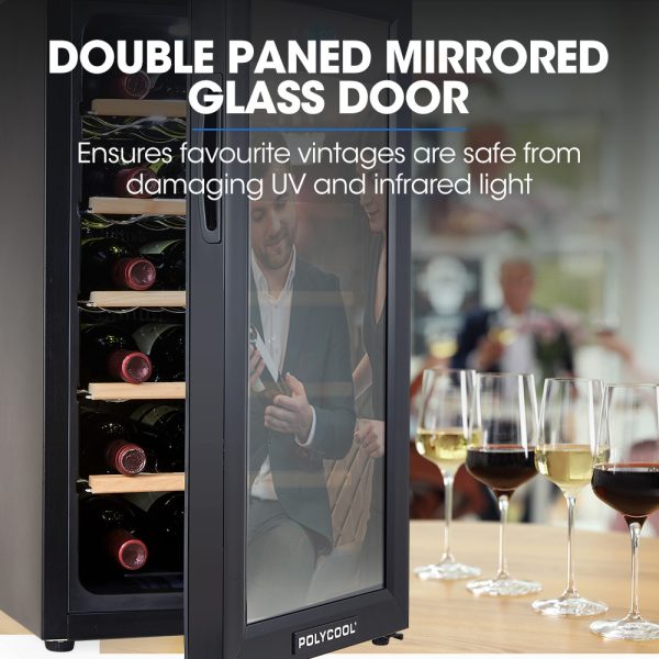 POLYCOOL 47L 18 Bottle Wine Bar Fridge Countertop Cooler Compressor Mirrored Glass Door, Black