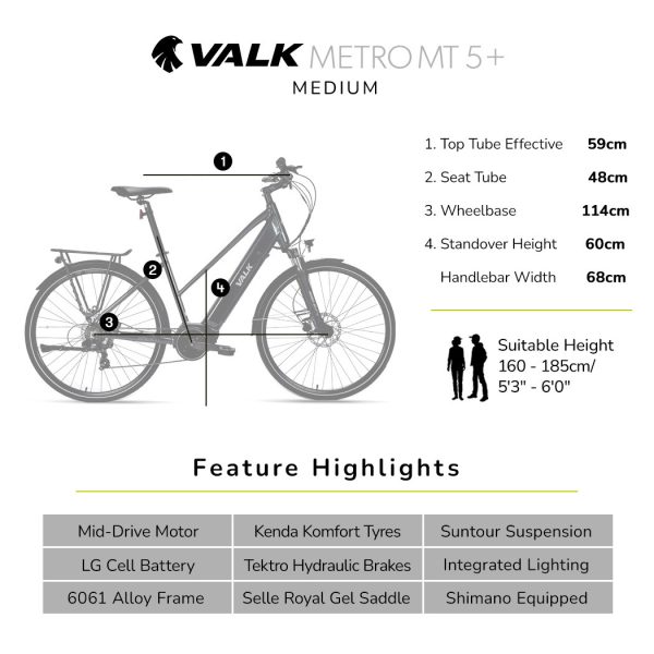 2023 VALK Metro MT 5 + Electric Hybrid Bike, Mid-Drive, Mixte Frame, Medium, Dark Grey