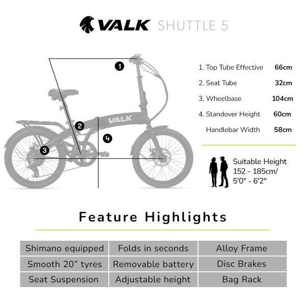 VALK Shuttle 5 Electric Folding Bike, Gen II, 20″ Tyres, Shimano 7-Speed, Dark Grey
