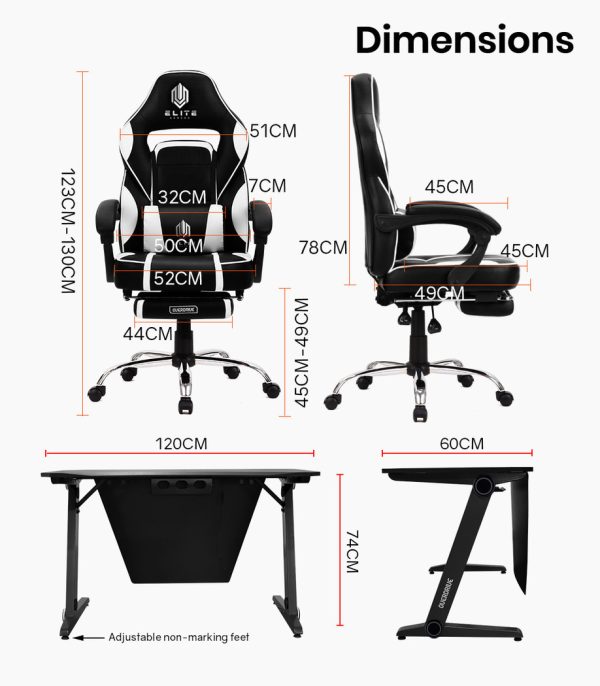 OVERDRIVE Gaming Chair Desk Racing Seat Setup PC Combo Office Black Table Foot