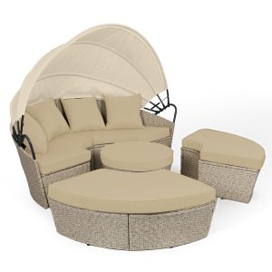 LONDON RATTAN 4pc Day Bed Round Lounge Outdoor Furniture, Beige Wicker and Canopy