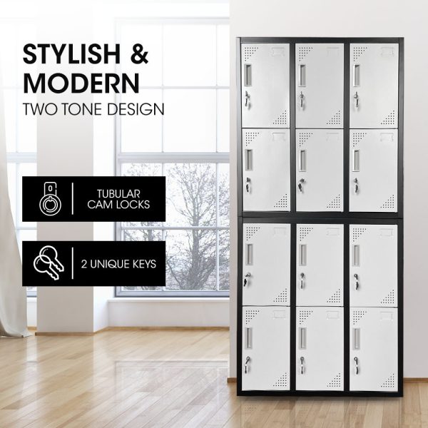 FORTIA 12-Door Metal Storage Locker Cabinet Gym Office Lockers Compartment, Black & Light Grey