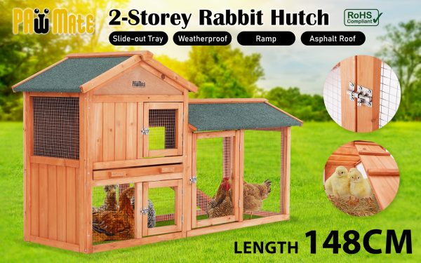 Paw Mate 148 x 44 x 84.5cm Rabbit Hutch Chicken Coop 2 Storey Pet Cage Run