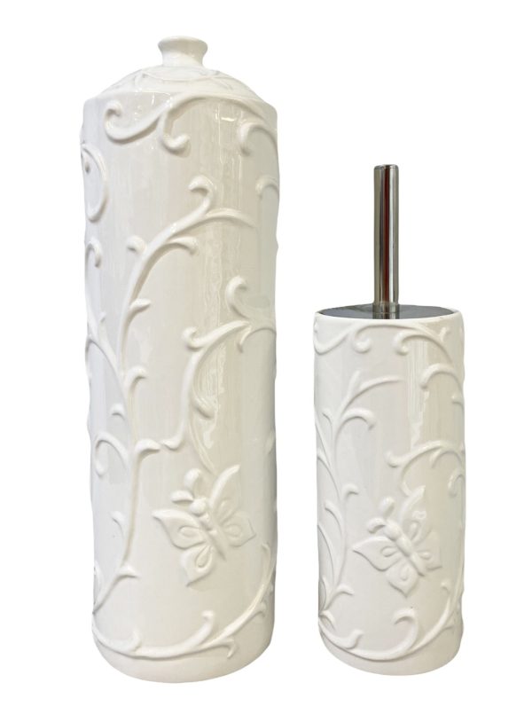 YES4HOMES Gloss White  Ceramic Bathroom Accessories Set Toilet Brush Paper Roll Holder