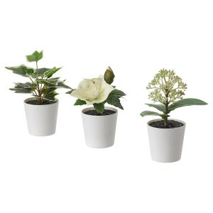 3 Pack of Artificial Potted Plants in White Plastic 6cm Pot Interior Decoration
