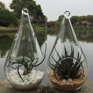 4 Pack of Hanging Clear Glass Tealight Candle Holder Tear Drop Pear Hour Glass Shape - 20cm High Terrarium Plant Mini Garden Holder Decoration Craft Gift