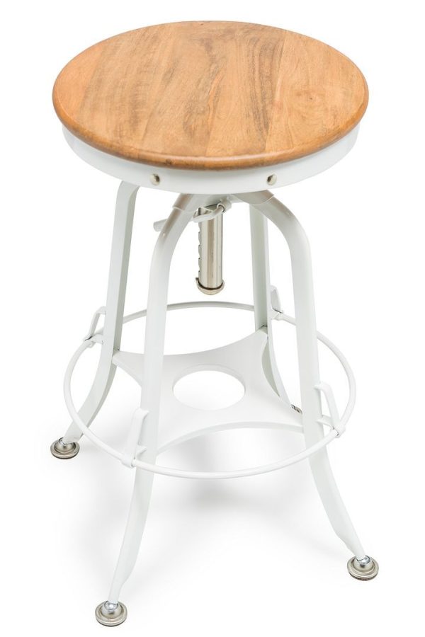 White Bar Stool Hamptons Style Height Adjustable and Swivel with Natural Wood Top