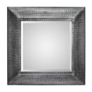 Square Wall Mirror with Croc Pattern Frame in Silver Finish