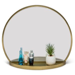 Round Table Wall Mirror with Shelf Storage in Brass Finish