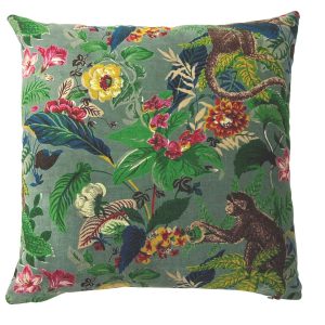 Mid green velvet monkey design cushion 45x45 cm