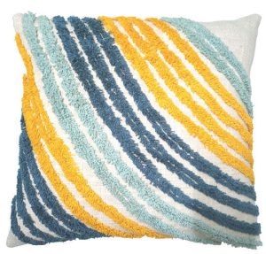 Cream cushion with blue/yellow tufted stripes 45x45cm