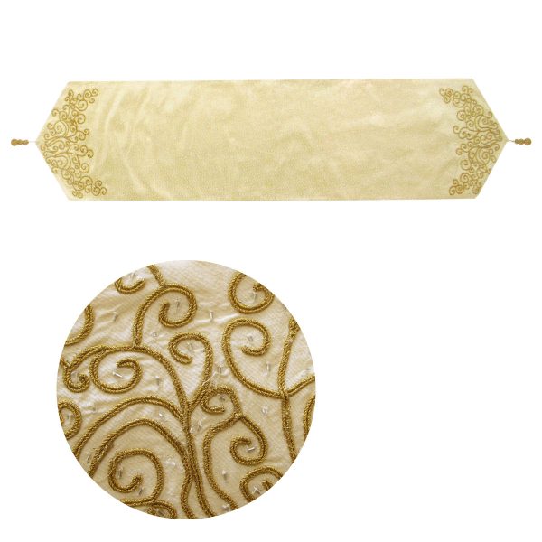 Embroidered Faux Silk Table Runner 33 x 135 cm Eve Cream Gold