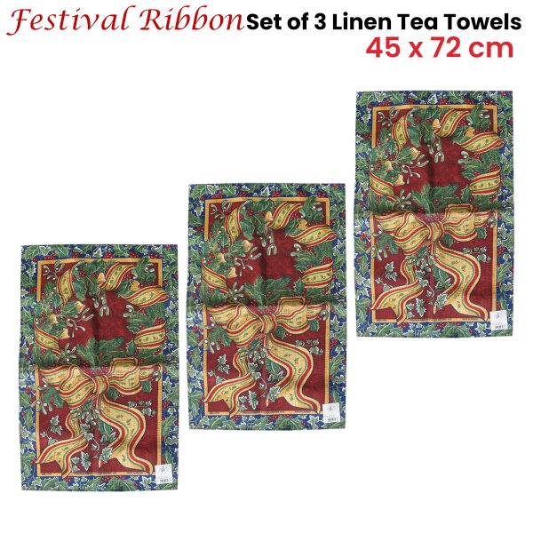 Set of 3 Festival Ribbon Christmas 100% Linen Tea Towels 45 x 72 cm