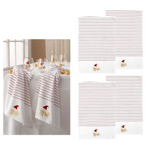 Ladelle Mr & Mrs Christmas Hat Set of 4 Cotton Kitchen Towels 45 x 70 cm