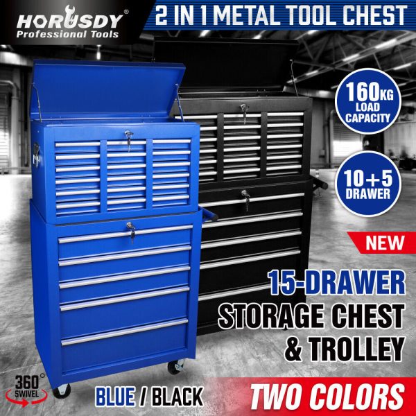 15-Drawer Tool Box Trolley Cabinet – Lockable Storage Cart Garage Toolbox Organizer System