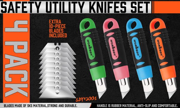 4Pc Box Cutter Snap Off Utility Knife Retractable Grip Handle 10x Spare Blades