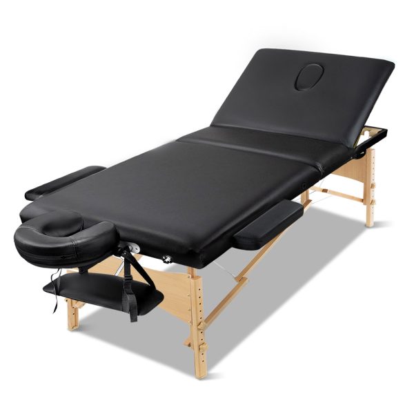 Massage Table 60cm 3 Fold Wooden Portable Beauty Therapy Bed Waxing Black