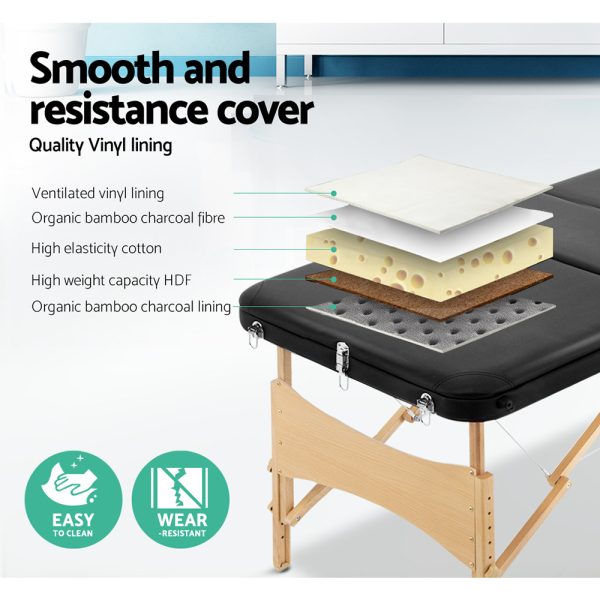 Massage Table 75cm 3 Fold Wooden Portable Beauty Therapy Bed Waxing Black
