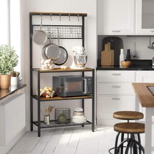Industrial Kitchen Baker’s Rack with Storage Shelves 10 Hooks and Metal Mesh Shelf 84 x 40 x 170 cm Rustic Brown