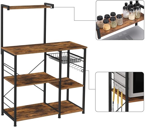 Kithcen Baker’s Rack with Shelves Microwave Stand with Wire Basket and 6 S-Hooks Rustic Brown