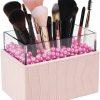 Leather Makeup Brush Cosmetic Organiser Storage Box with Pink Pearls and Acrylic Cover (Pink)