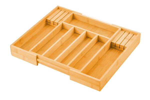 Large Capacity Bamboo Expandable Drawer Organizer with Knife Block Holder for Home Kitchen Utensils
