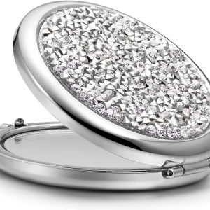 Mini Mix Diamond 1X/2X Magnifying Round Metal Pocket Makeup Mirror (Silver)