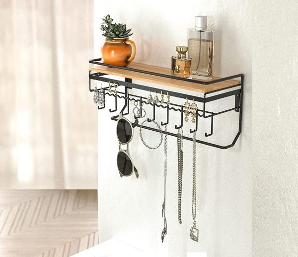 Wall Mount Hanging Jewelry Organizer with 9 Hooks (Black Metal)