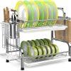 Stainless Steel 2-Tier Dish Drying Rack with Utensil Holder, Cutting Board Holder and Dish Drainer for Kitchen Counter (Silver)