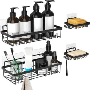 2 Pack Adhesive Stainless Steel Shower Caddy Shelf Organizer with 2 Soap Dishes for Bathroom