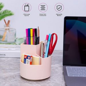 360 degree rotating multi-functional pen holder with 3 separate layer for office desk organiser (Pink)