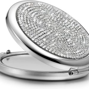 Mini Small Diamond 1X/2X Magnifying Round Metal Pocket Makeup Mirror (Silver)