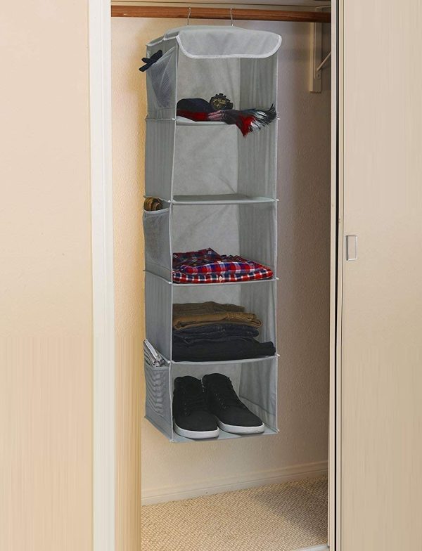 2 Pack 5 Foldable Shelf Hanging Closet Organizer Space Saver with Side Accessories Pockets for Clothes Storage