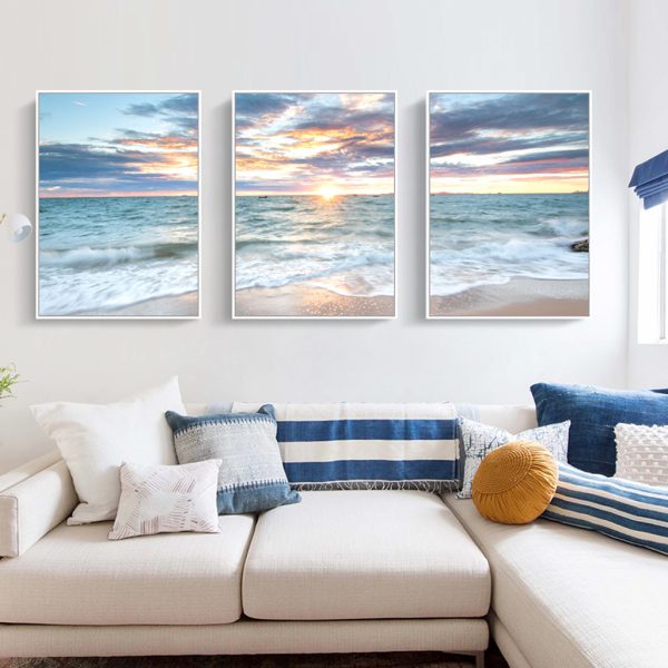 Wall Art 40cmx60cm Sunrise by the ocean 3 Sets White Frame Canvas