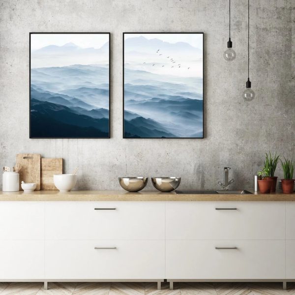 Wall Art 40cmx60cm Blue mountains 2 Sets Black Frame Canvas