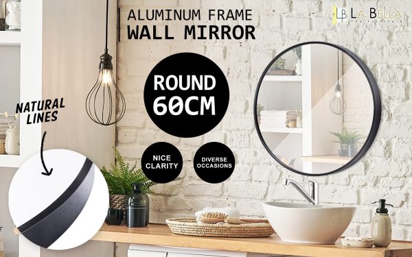 2 Set La Bella Black Wall Mirror Round Aluminum Frame Makeup Decor Bathroom Vanity 60cm