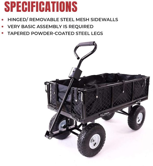 Garden Dump Rolling Mesh Cart with Heavy Duty Steel Frame,10 Inch Pneumatic Tires Maximum Load Capacity of 300 Kg (Black)