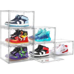 6 Pack Large Acrylic Shoe Box Storage Side Door Open Stackable Boxes Transparent Clear Display Case