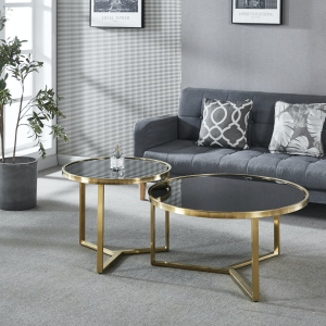 Designer Giselle Black Glass & Brushed Gold Coffee Table Set