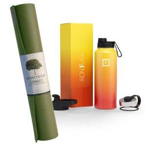 Harmony Mat – Olive & Iron Flask Wide Mouth Bottle with Spout Lid, Fire, 40oz/1200ml Bundle