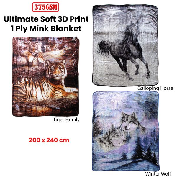 375gsm 1 Ply 3D Print Faux Mink Blanket Queen 200×240 cm Winter Wolf