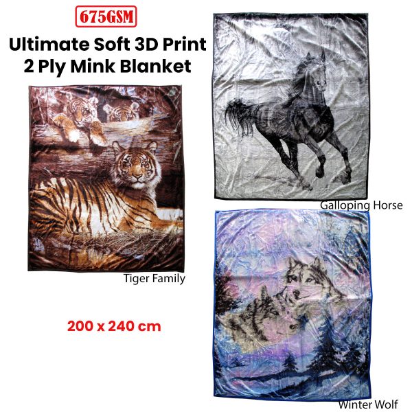 675gsm 2 Ply 3D Print Faux Mink Blanket Queen 200×240 cm Winter Wolf