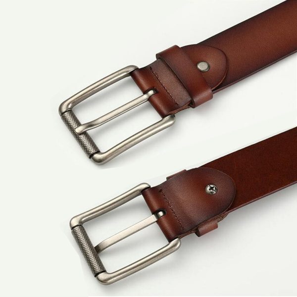 New Cowhide Leather Men Belt Pin Buckle Luxury Male Belts (Coffee)